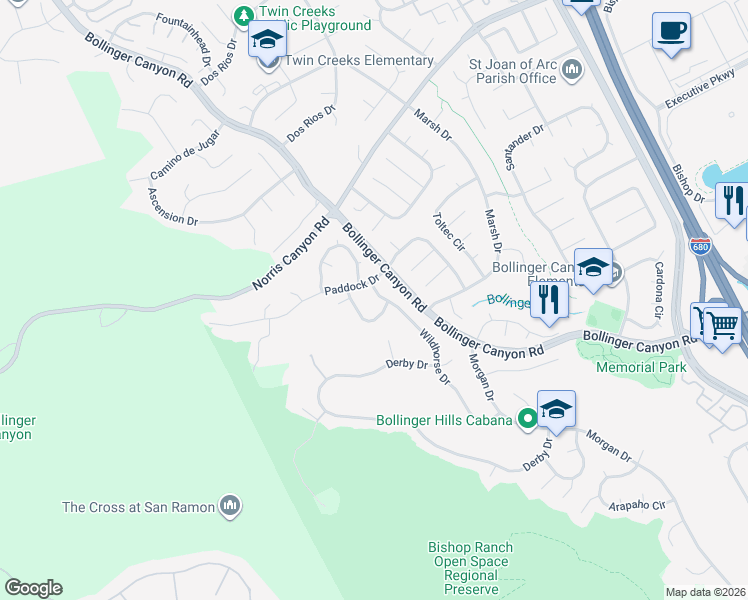 map of restaurants, bars, coffee shops, grocery stores, and more near 2546 Wildhorse Drive in San Ramon