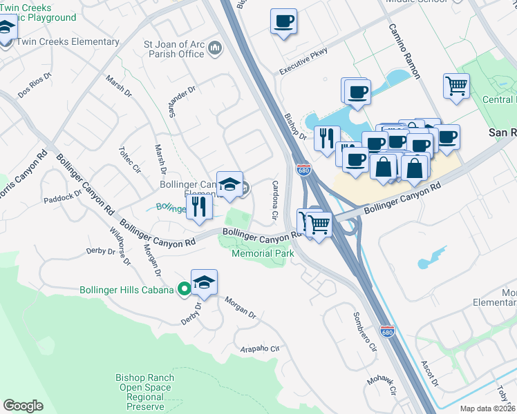 map of restaurants, bars, coffee shops, grocery stores, and more near 24 Saba Court in San Ramon