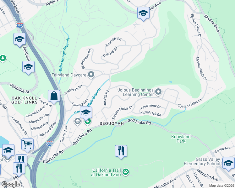 map of restaurants, bars, coffee shops, grocery stores, and more near 10 Sequoyah View Court in Oakland