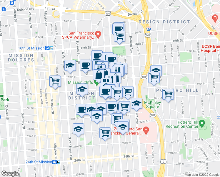 map of restaurants, bars, coffee shops, grocery stores, and more near 2050 Bryant Street in San Francisco