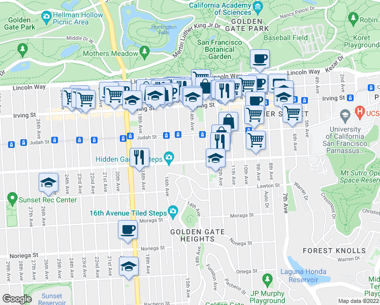 map of restaurants, bars, coffee shops, grocery stores, and more near 1449 14th Avenue in San Francisco