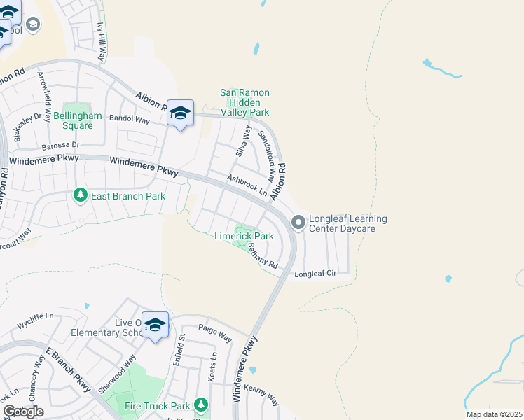 map of restaurants, bars, coffee shops, grocery stores, and more near 2899 Bethany Road in San Ramon
