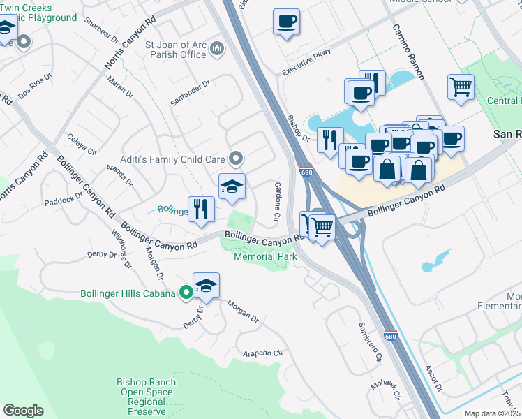map of restaurants, bars, coffee shops, grocery stores, and more near 2321 Talavera Drive in San Ramon