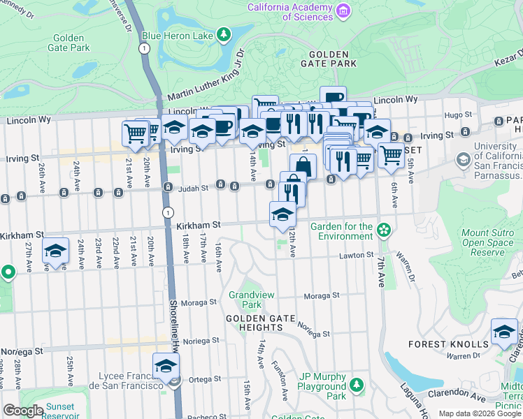 map of restaurants, bars, coffee shops, grocery stores, and more near 1451 Funston Avenue in San Francisco