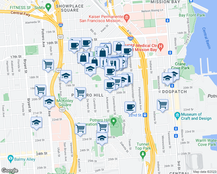 map of restaurants, bars, coffee shops, grocery stores, and more near 439 Arkansas Street in San Francisco