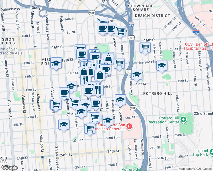 map of restaurants, bars, coffee shops, grocery stores, and more near 627A York Street in San Francisco