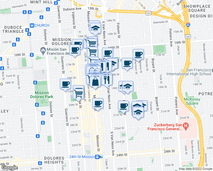 map of restaurants, bars, coffee shops, grocery stores, and more near 780 South Van Ness Avenue in San Francisco