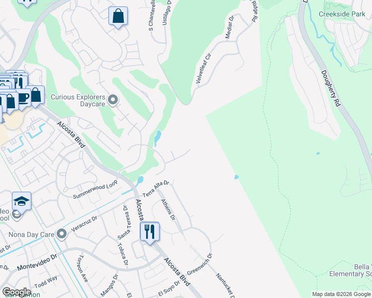 map of restaurants, bars, coffee shops, grocery stores, and more near 171 Canyon Green Place in San Ramon