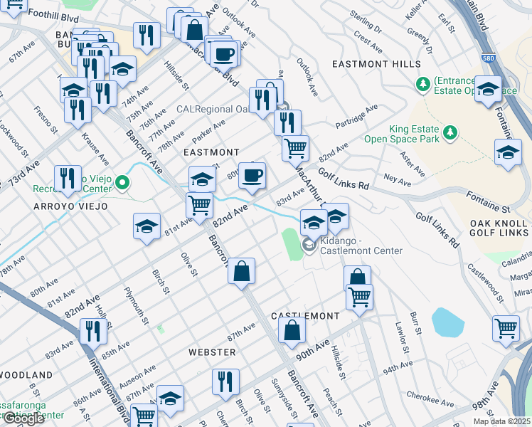 map of restaurants, bars, coffee shops, grocery stores, and more near 2353 83rd Avenue in Oakland