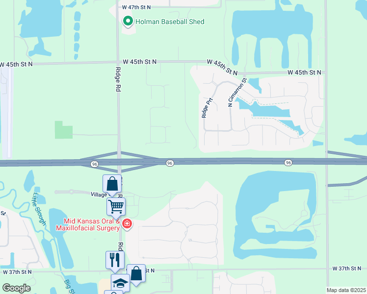 map of restaurants, bars, coffee shops, grocery stores, and more near 4200 Church Circle in Wichita