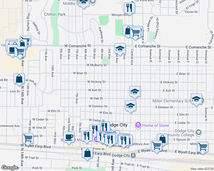 map of restaurants, bars, coffee shops, grocery stores, and more near 1305-1399 3rd Avenue in Dodge City