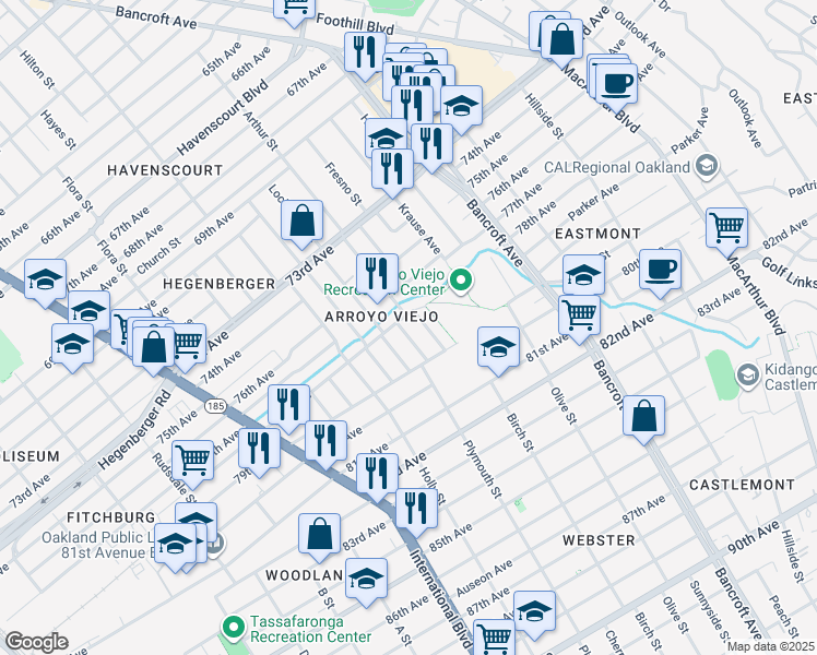 map of restaurants, bars, coffee shops, grocery stores, and more near 7800 Plymouth Street in Oakland