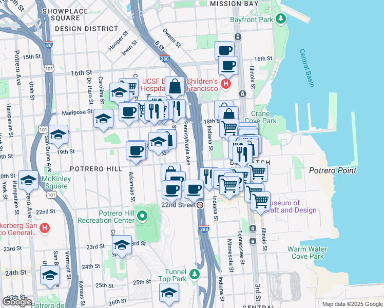 map of restaurants, bars, coffee shops, grocery stores, and more near 455 Pennsylvania Avenue in San Francisco