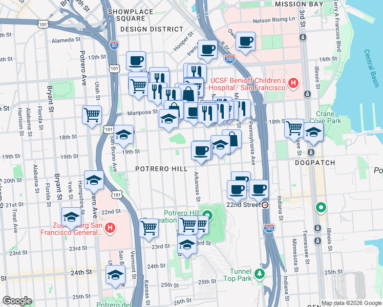 map of restaurants, bars, coffee shops, grocery stores, and more near 426 Arkansas Street in San Francisco