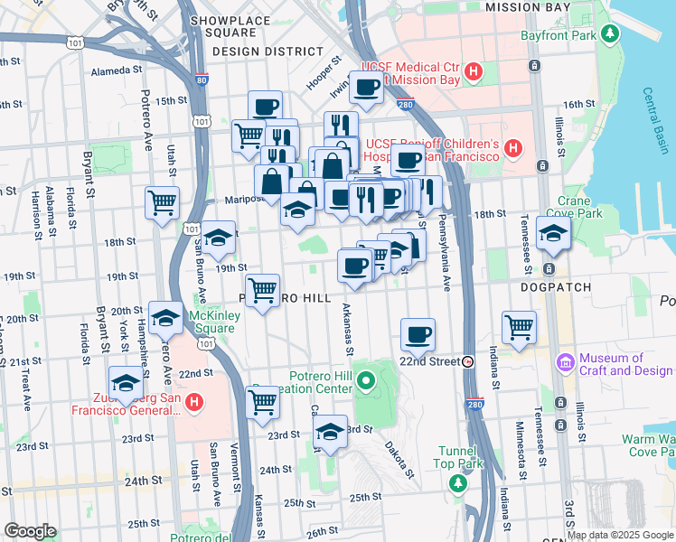 map of restaurants, bars, coffee shops, grocery stores, and more near 406 Arkansas Street in San Francisco