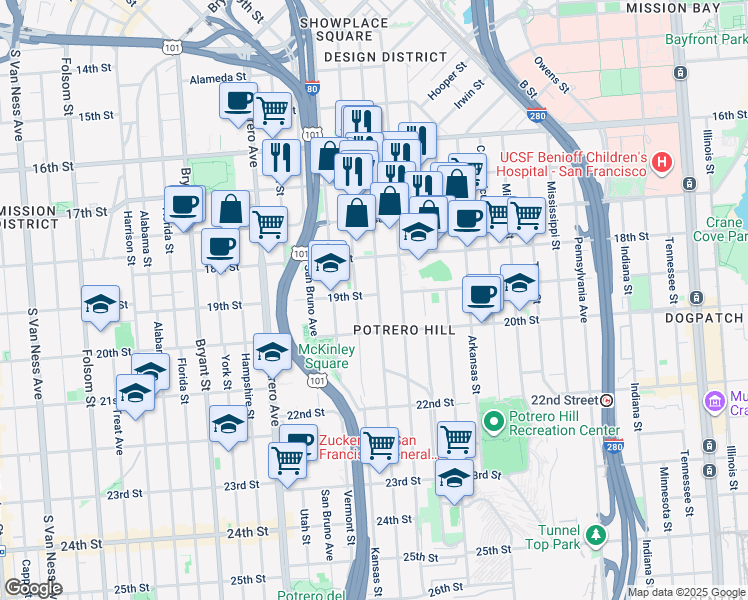 map of restaurants, bars, coffee shops, grocery stores, and more near 2001 19th St in San Francisco