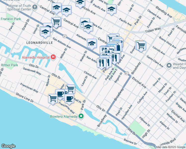map of restaurants, bars, coffee shops, grocery stores, and more near 2267 Clinton Avenue in Alameda