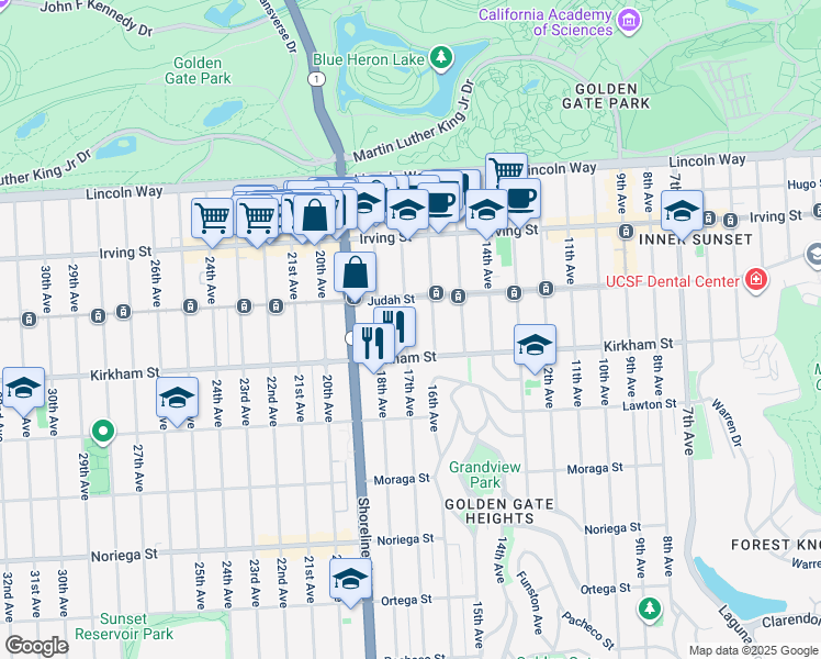 map of restaurants, bars, coffee shops, grocery stores, and more near 1456 17th Avenue in San Francisco