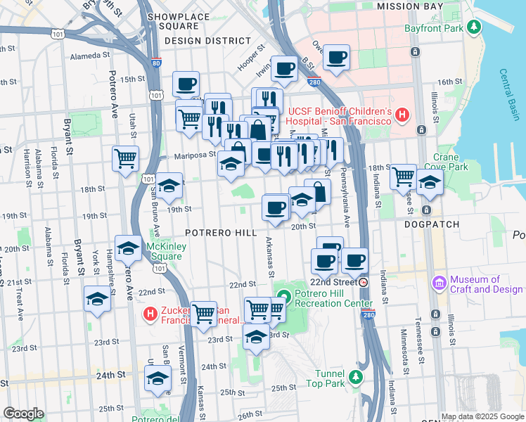 map of restaurants, bars, coffee shops, grocery stores, and more near 426 Arkansas Street in San Francisco