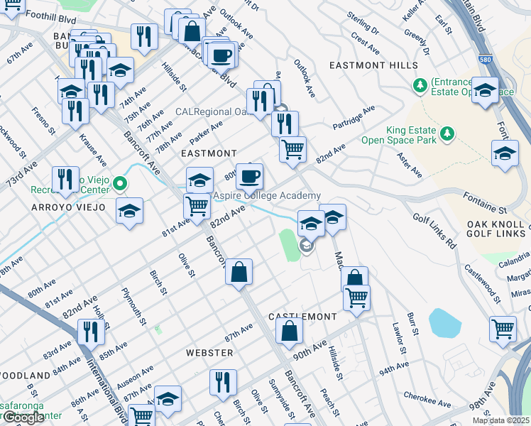 map of restaurants, bars, coffee shops, grocery stores, and more near 2353 83rd Avenue in Oakland