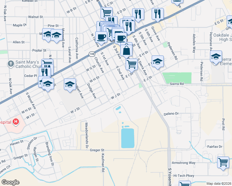 map of restaurants, bars, coffee shops, grocery stores, and more near 447 Church Avenue in Oakdale