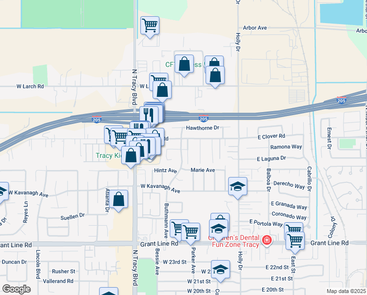map of restaurants, bars, coffee shops, grocery stores, and more near 3302 Buthmann Avenue in Tracy