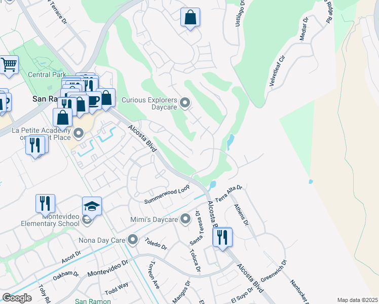 map of restaurants, bars, coffee shops, grocery stores, and more near 2000 Canyon Woods Drive in San Ramon