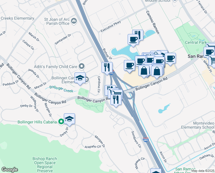 map of restaurants, bars, coffee shops, grocery stores, and more near 18000 San Ramon Valley Boulevard in San Ramon