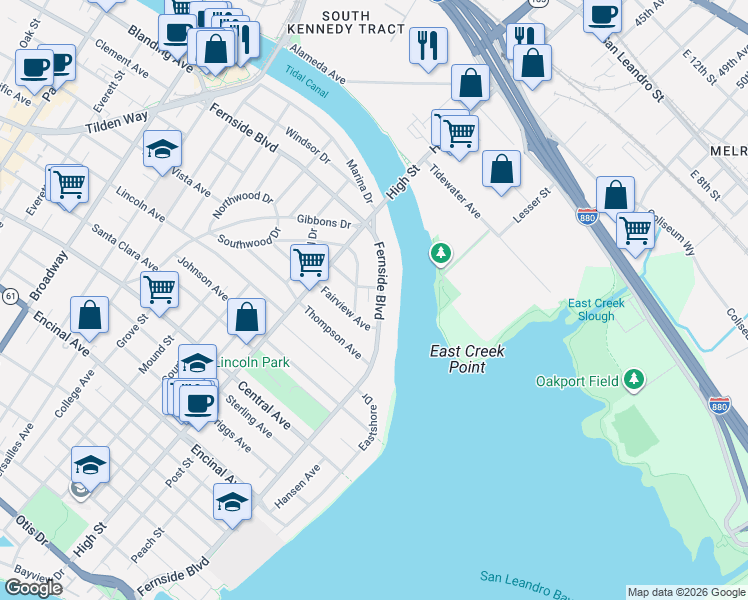 map of restaurants, bars, coffee shops, grocery stores, and more near 3304 Fernside Boulevard in Alameda