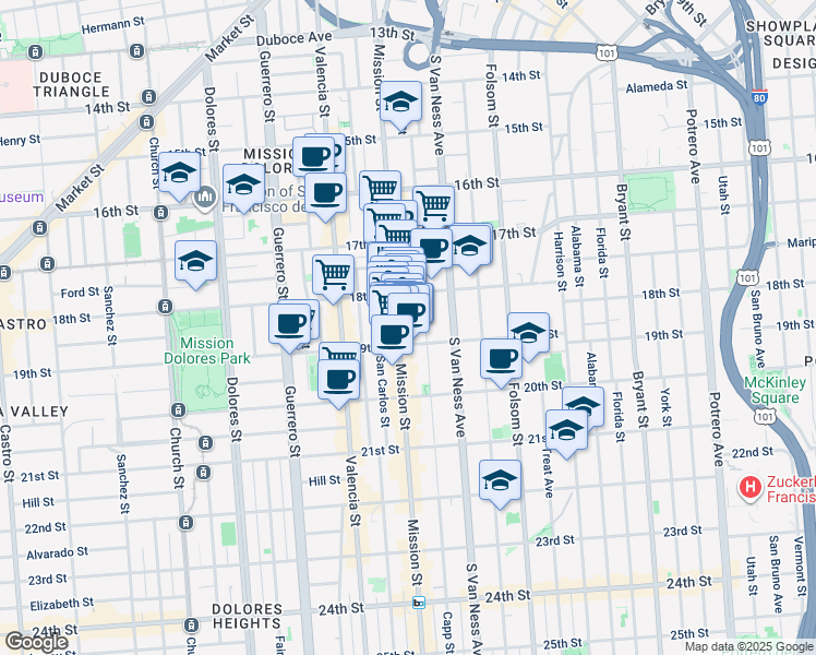 map of restaurants, bars, coffee shops, grocery stores, and more near 2200 Mission Street in San Francisco