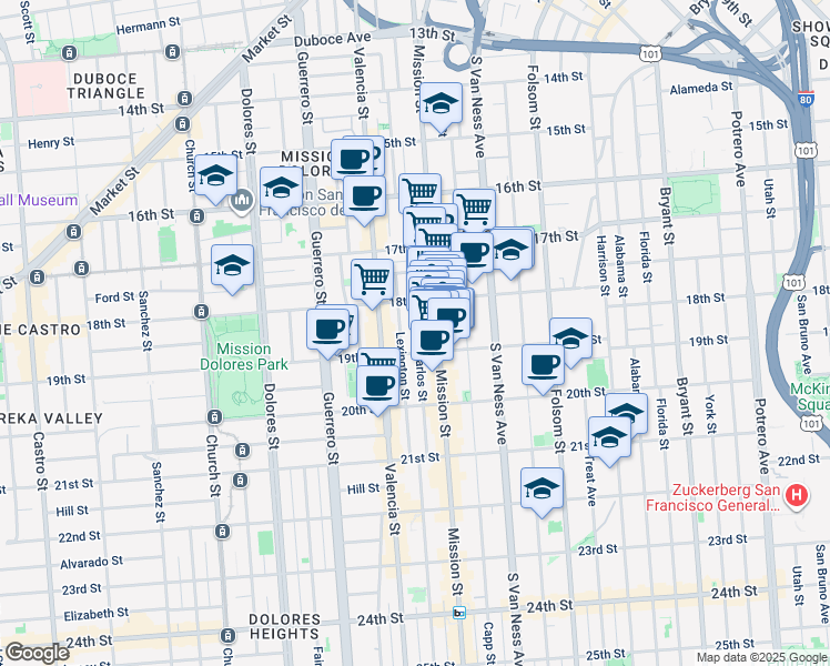 map of restaurants, bars, coffee shops, grocery stores, and more near 2200 Mission Street in San Francisco