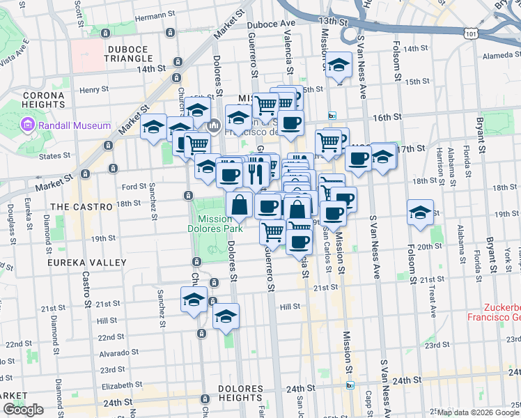 map of restaurants, bars, coffee shops, grocery stores, and more near in San Francisco