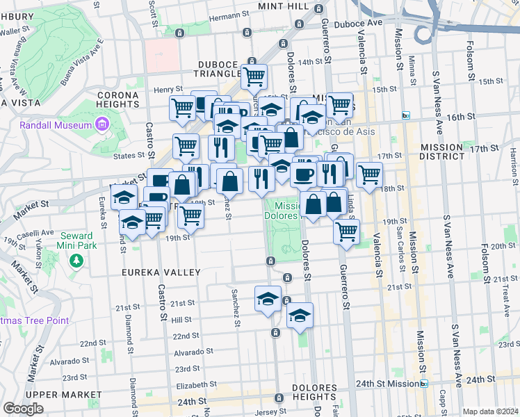 map of restaurants, bars, coffee shops, grocery stores, and more near 3782 18th Street in San Francisco