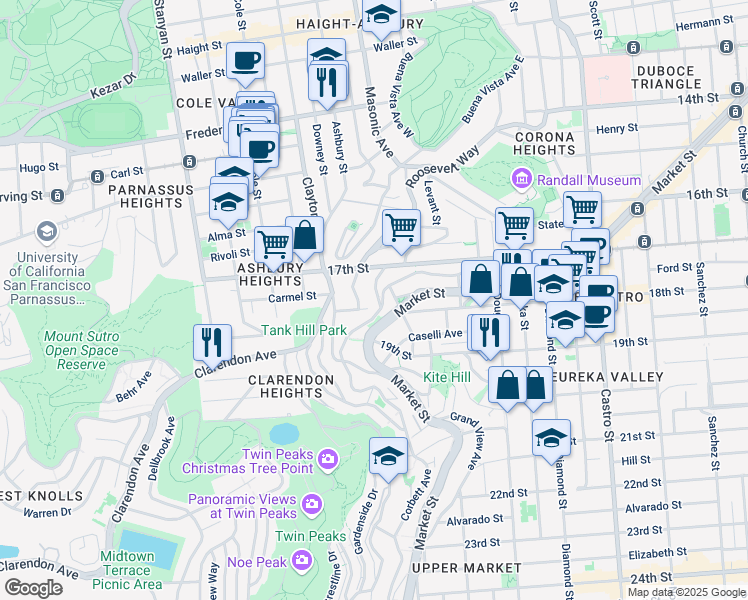 map of restaurants, bars, coffee shops, grocery stores, and more near 71 Uranus Terrace in San Francisco