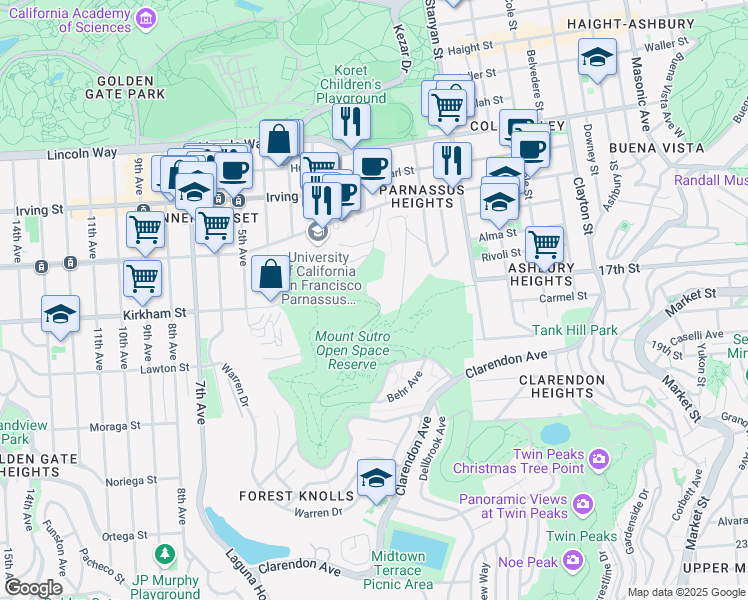 map of restaurants, bars, coffee shops, grocery stores, and more near 90 Medical Center Way in San Francisco