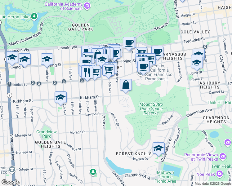 map of restaurants, bars, coffee shops, grocery stores, and more near 1478 5th Avenue in San Francisco