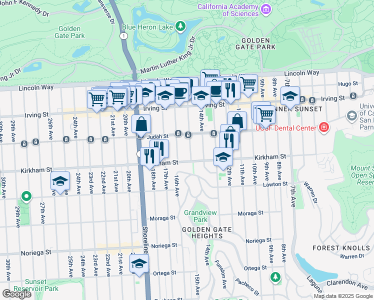 map of restaurants, bars, coffee shops, grocery stores, and more near 1442 16th Avenue in San Francisco