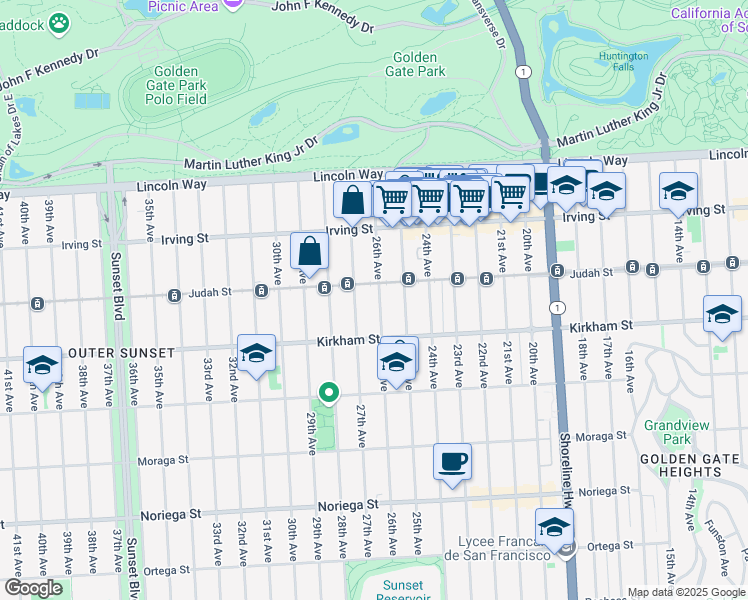 map of restaurants, bars, coffee shops, grocery stores, and more near 1427 26th Avenue in San Francisco