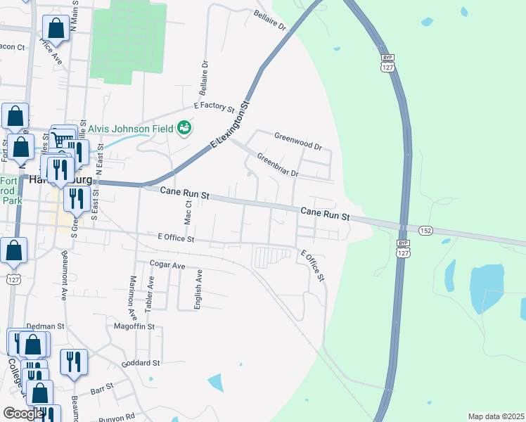 map of restaurants, bars, coffee shops, grocery stores, and more near 630 Cane Run Street in Harrodsburg