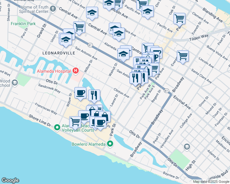 map of restaurants, bars, coffee shops, grocery stores, and more near 2236 Clinton Avenue in Alameda