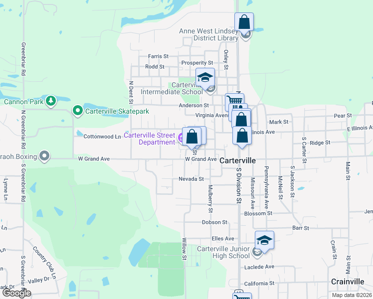 map of restaurants, bars, coffee shops, grocery stores, and more near 598 Washington Street in Carterville