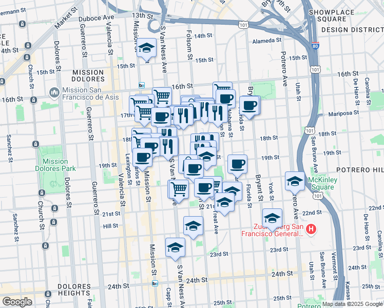 map of restaurants, bars, coffee shops, grocery stores, and more near 2270 Folsom Street in San Francisco
