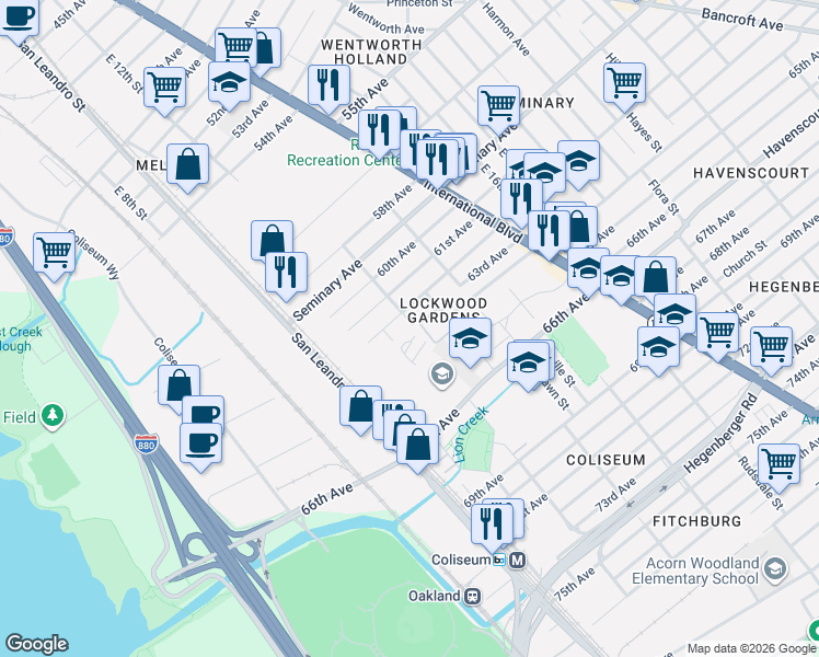map of restaurants, bars, coffee shops, grocery stores, and more near 6228 Tevis Street in Oakland