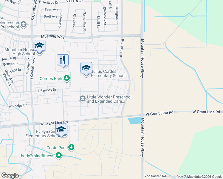 map of restaurants, bars, coffee shops, grocery stores, and more near 1378 Desiree Glen in Tracy
