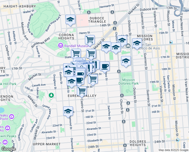 map of restaurants, bars, coffee shops, grocery stores, and more near 4047 18th Street in San Francisco