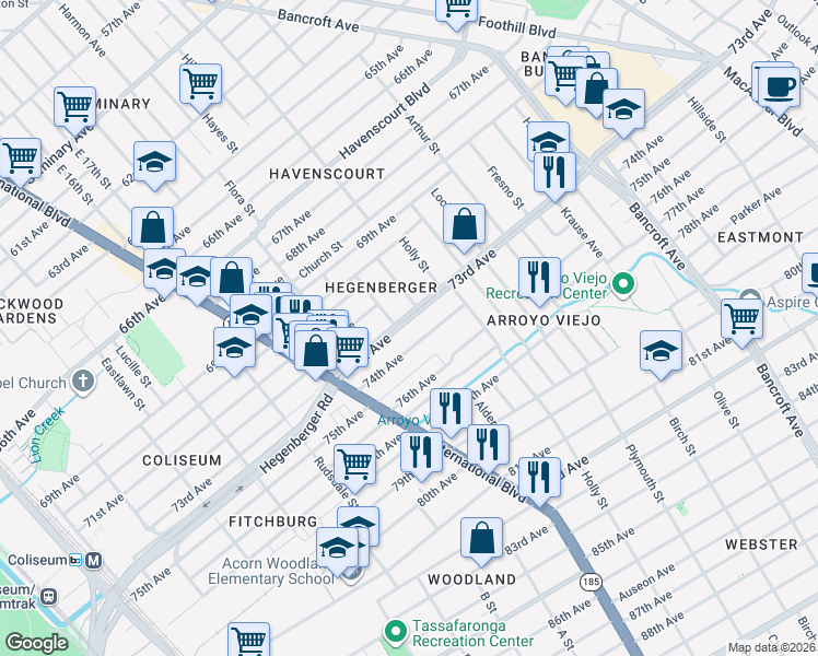 map of restaurants, bars, coffee shops, grocery stores, and more near 1712 73rd Avenue in Oakland
