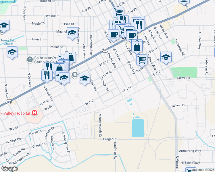 map of restaurants, bars, coffee shops, grocery stores, and more near 357 West I Street in Oakdale