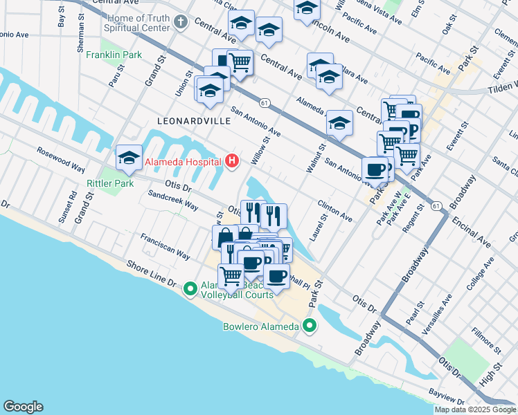 map of restaurants, bars, coffee shops, grocery stores, and more near in Alameda