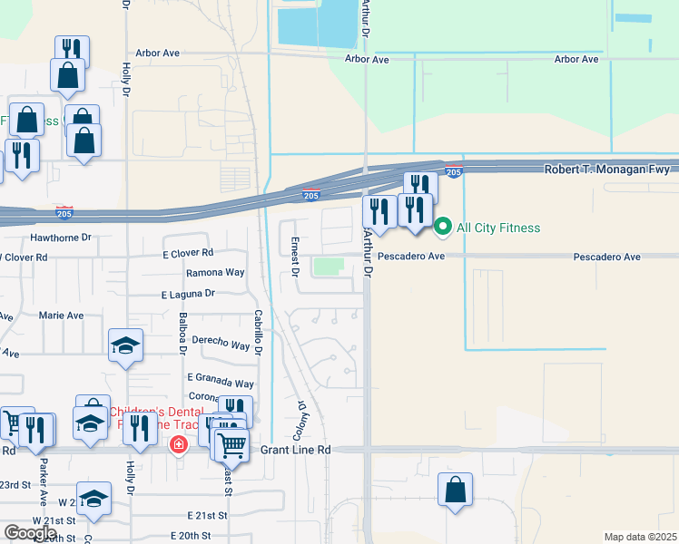 map of restaurants, bars, coffee shops, grocery stores, and more near 613 Carol Louise Lane in Tracy