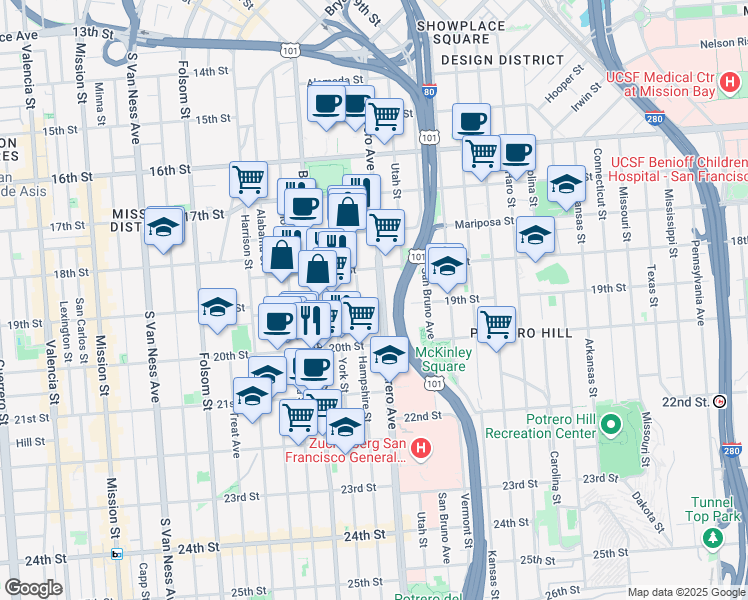 map of restaurants, bars, coffee shops, grocery stores, and more near 690 Potrero Avenue in San Francisco